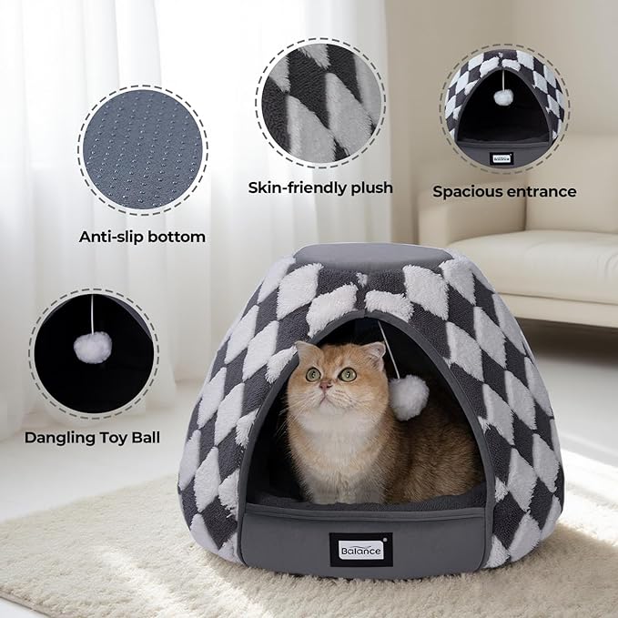 BALANCE Cat Beds for Indoor Cats, 2-in-1 Cat Bed Cave with Anti-Slip Bottom and Ultra-Soft Plush, Cozy Cats House Tent for Kittens and Small Dogs, 19 Inches, Dark Grey