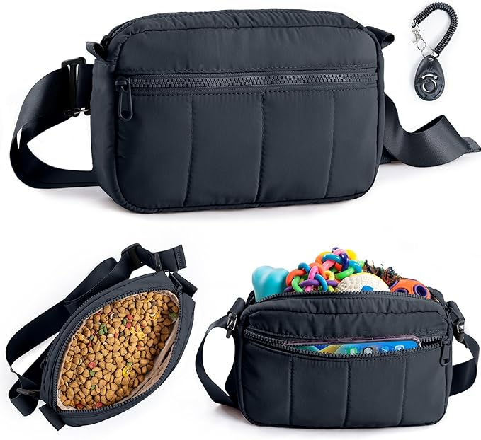 Fashion Dog Treat Pouch with Clicker Stylish Crossbody Dog Walking Bag, 3-in-1 Dog Training Treat Pouch with Removable Waterproof Liner, Treat Holder Waist Bag for Puppy Training & Daily Walks