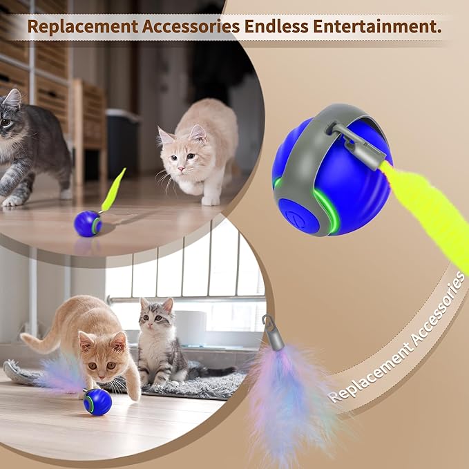 Interactive Cat Toy Ball-Motion-Activated Rolling Toy with 2 Feather Tails, 2 Speeds, USB Rechargeable, Smart Indoor Cat Toys to Keep Cats Active, Happy and Entertained (Blue)