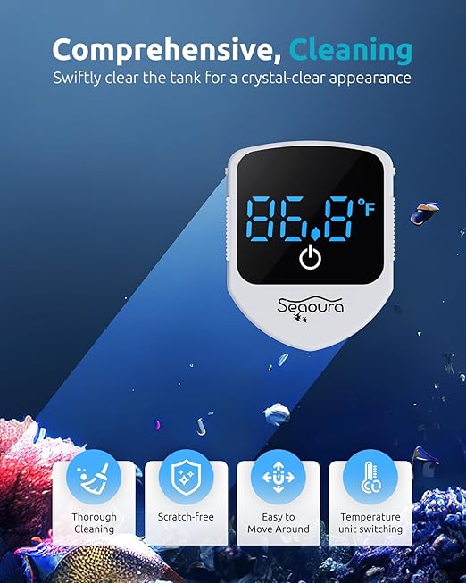 SEAOURA 2-in-1 Mini Aquarium Magnetic Cleaner with Digital Thermometer, Fish Aquariums Magnets Brush only for Glass Tank,Tiny Magnet Floating Cleaning Tool for 1-30 Gallons
