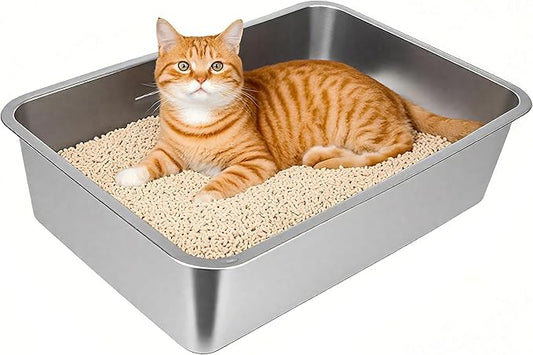 Stainless Steel Cat Litter Box, Medium Metal Litter Tray Pan Litterbox, Low Entry Stainless Steel Litter Box for Medium Cats, 19.7"Lx13.8"W x3.9"H, No Odor Absorption, Easy Clean, Rustproof, Leakproof