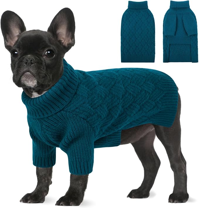 SUNFURA Small Dog Sweater, Turtleneck Dog Sweater for Cold Weather, Puppy Knitwear Pullover for Christmas Thanksgiving, Pet Winter Knitted Sweatshirt for Pug Dachshund, Blue S