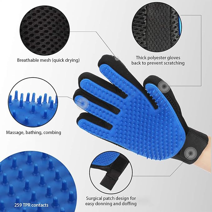 2-Piece Cat and Dog Grooming Set with a pair of grooming gloves and a shedding brush for shedding, bathing, brushing, removing undercoat and reducing shedding easily (Blue)