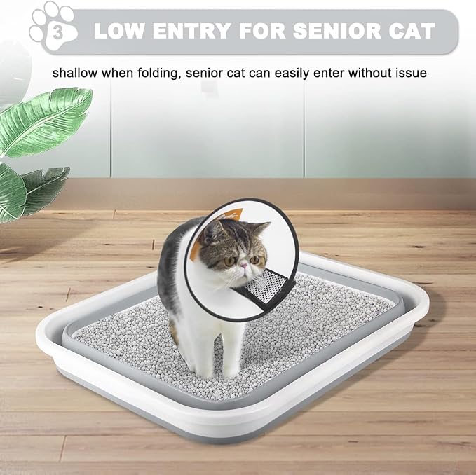 Large Cat Litter Box for Kittens to Senior Cat, Elderly and Fat Cat,Elderly cat Mobility Issues,Foldable Travel Litter Box with Scoop (Grey)