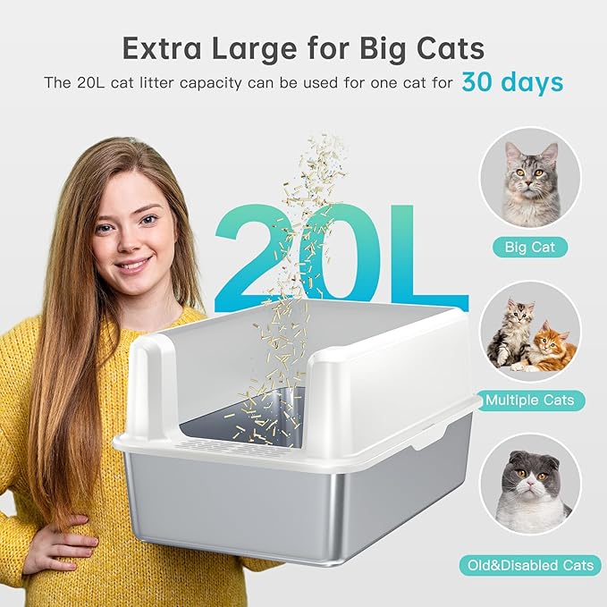 Stainless Steel Cat Litter Box with Lid, XL Metal Litter Box for Big Cats, Extra Large Litter Box with High Sides, Never Absorbs Odors, Non-Sticky, Easy Clean, Anti-Urine Leakage, with Scoop