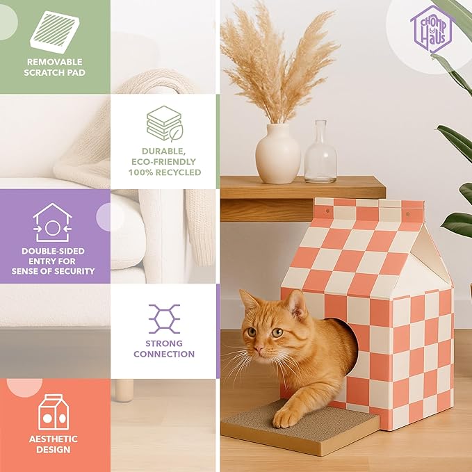 Cardboard Cat House with Scratch Pad – Durable Eco-Friendly Hideaway, Easy Assembly, Stylish Matcha Checkered Design, Indoor Cat Furniture