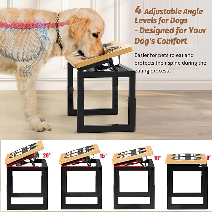 Dog Bowls Elevated, 4 Height & Angle Adjustable Raised Dog Bowl Stand, Elevated Dogs Bowl Stand for Medium Sized Pet, Sturdy Bamboo Dogs Feeding Station with 2X 48oz (6cup) Stainless Steel Dishes