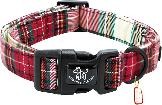 Elegant littlle Tail Christmas Dog Collar, Red Plaid Pet Collars Soft Cotton Winter Dog Collar with Quick Release Buckle Pet Puppy Collars for Small Medium Large Dogs