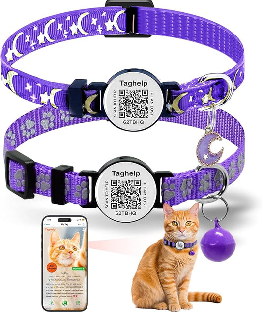 2 Pack QR Code Breakaway Cat Collars - Reflective Glow in The Dark Safety Collar with Smart ID Tag, Adjustable 7.5-12.5 Inch for Kittens & Cats (Purple)