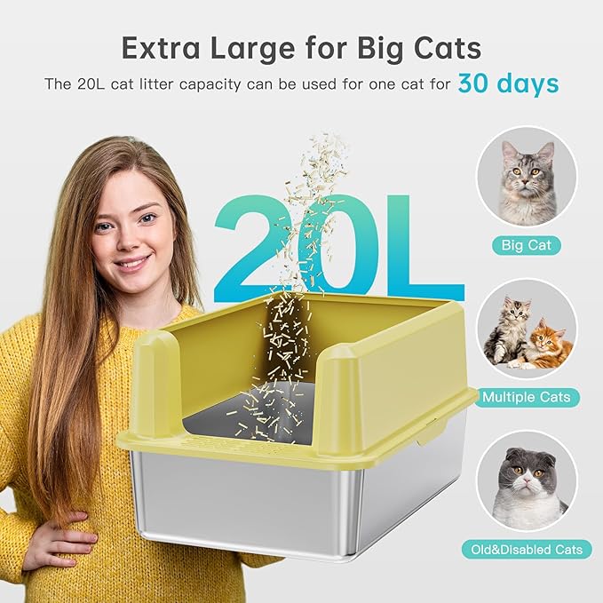 Stainless Steel Litter Box with High Side, XXL Extra Large Cat Litter Box for Big Cats & Multiple Cats, Non-Sticky, No Urine Leakage, Easy Clean Cat Litter Pan Include Scoop