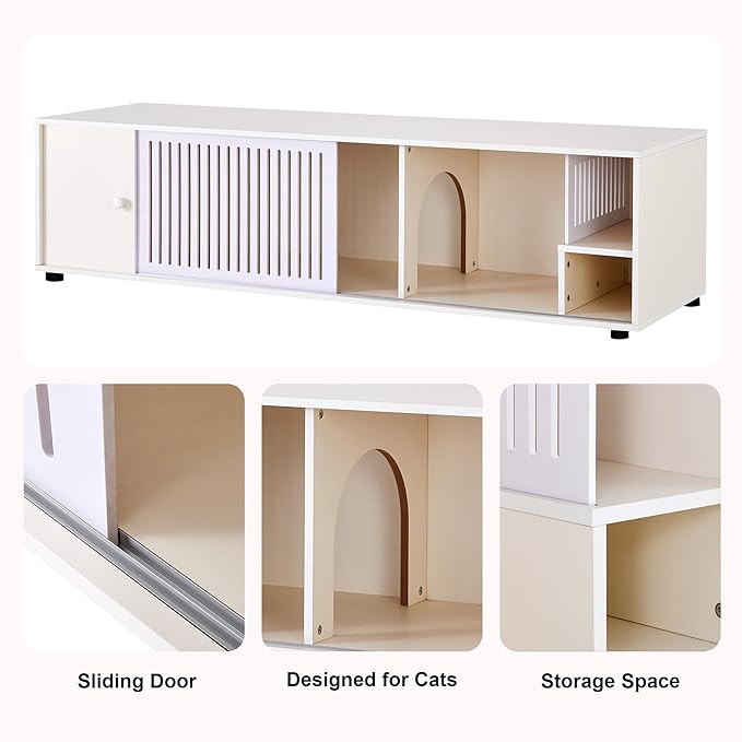 Cat Litter Box Enclosure with Removable Sliding Door, Modern TV Stand with Storage, Cream White