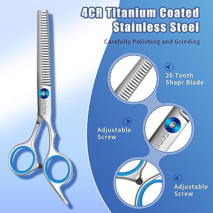 GEMEK Professional Grooming Scissors for Dogs with Safety Round Tips, Dog Grooming Scissors Set - Thinning, Straight, Curved Shears and Comb for Long Short Hair for Dog Cat Pet (Blue-5 in 1)