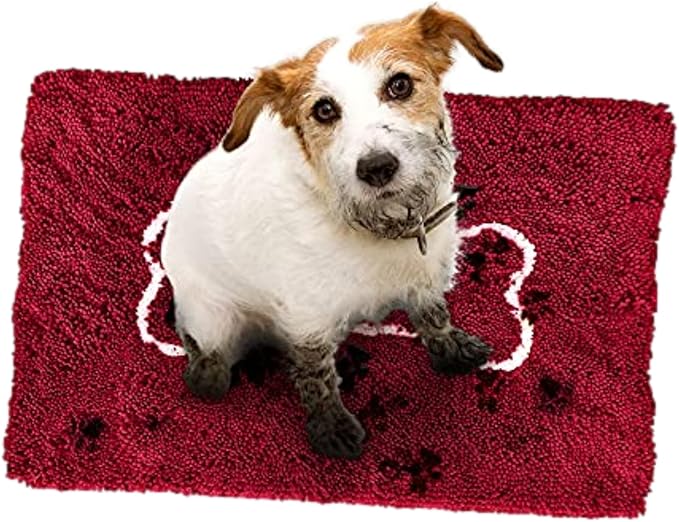 Soggy Doggy Doormat with Bone Design - Ultra Absorbent Microfiber Chenille Wet Dog Mat for Muddy Paws - Non-Slip and Machine Washable (Cranberry/Oatmeal Bone, Large 26” x 36”)