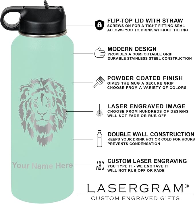 LaserGram Personalized Water Bottle, Dragon, Stainless Steel Double Wall Vacuum Insulated with Flip Top Straw, Custom Engraved Gift (40oz / 1180ml Teal)