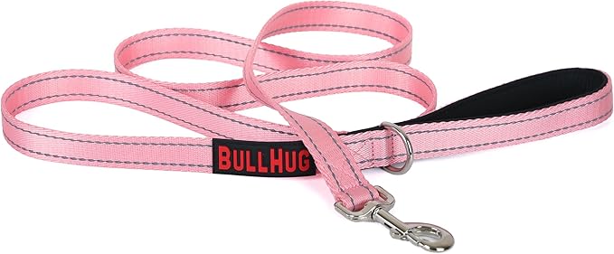 BULLHUG 6 FT Bulldog Leash with Padded Handle. Perfect for Bulldogs, French Bulldogs, Pugs & All Breeds. Leashes for Walking, Training Lead for Bulldogs (Reflective Stitching, BABYPINK)