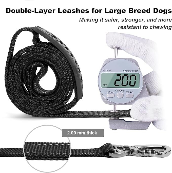 Heavy Duty Dog Leash, Laqibak Double-Sided Reflective Double Handle Dog Leash - Double-Layer Thickening, Lockable Safety Carabiner Design, 6 FT Perfect for Medium & Large Dogs Joyful Strolls, Black