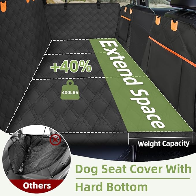 Back Seat Extender for Dogs - Extra 40% Space, Dog Car Seat Cover Hard Bottom Holds 400lbs, Waterproof Dog Hammock & Car Seat Cover with Mesh Window, Perfect Travel Bed for Cars, SUVs