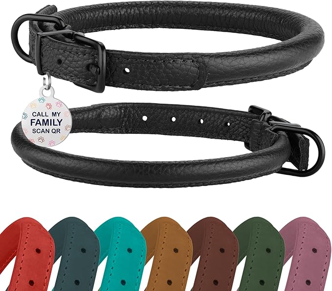 Rolled Leather Dog Collar Soft Round Collars, ID Tag for Small Medium Large Dogs (7-10 inch, Black Midnight)