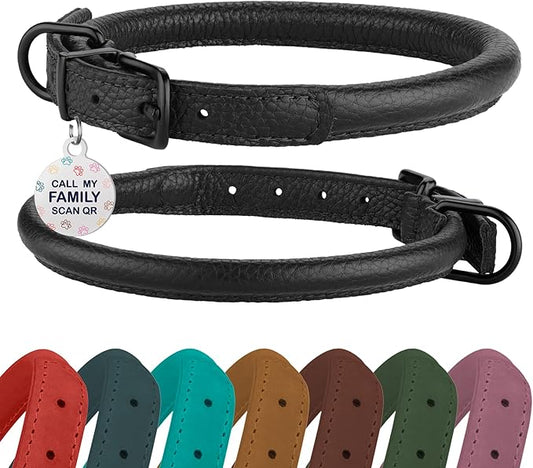 Rolled Leather Dog Collar Soft Round Collars, ID Tag for Small Medium Large Dogs (14-17 inch, Black Midnight & Black Buckle)