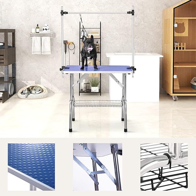 SoarFlash Pet Dog Grooming Table Foldable,Heavy Duty Foldable Pet Grooming Table with Arm & Noose & Mesh Tray, Maximum Capacity Up to 330lbs, 46inch, Blue