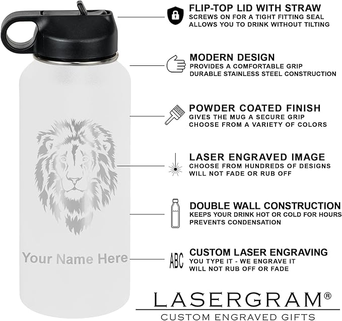 LaserGram Personalized Water Bottle, Dragon, Stainless Steel Double Wall Vacuum Insulated with Flip Top Straw, Custom Engraved Gift (32oz / 950ml White)