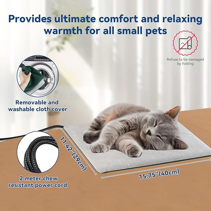 NAMSAN Indoor Outdoor Cat Heating Pad, 11.42 x 15.75 Inches, Pet Heating Mat for Small Dogs Cats Rabbits Chickens, Small Animals Heater, Kennel Warming Sheeting, Timeable, Temperature Adjustable
