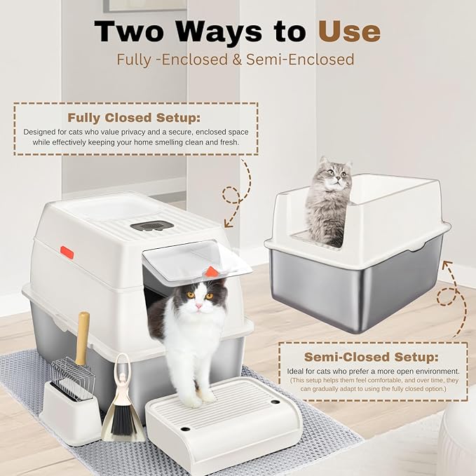 Fully Enclosed XXL Stainlessss Steel Litter Box with Lid, 8" Deep Pan, Large Stainless Steel Cat Litter Box for Big Cat with Scoop, Step Board, Mat, Brush, Odor-Free, Anti-Leak, Non-Stick (White)