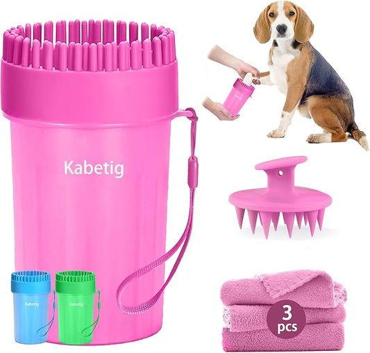 Dog Paw Cleaner for Meduim/Small Breed Dogs with 3Pcs Absorbent Towels & Graspable Dog Bath Brush (Pink, Medium)