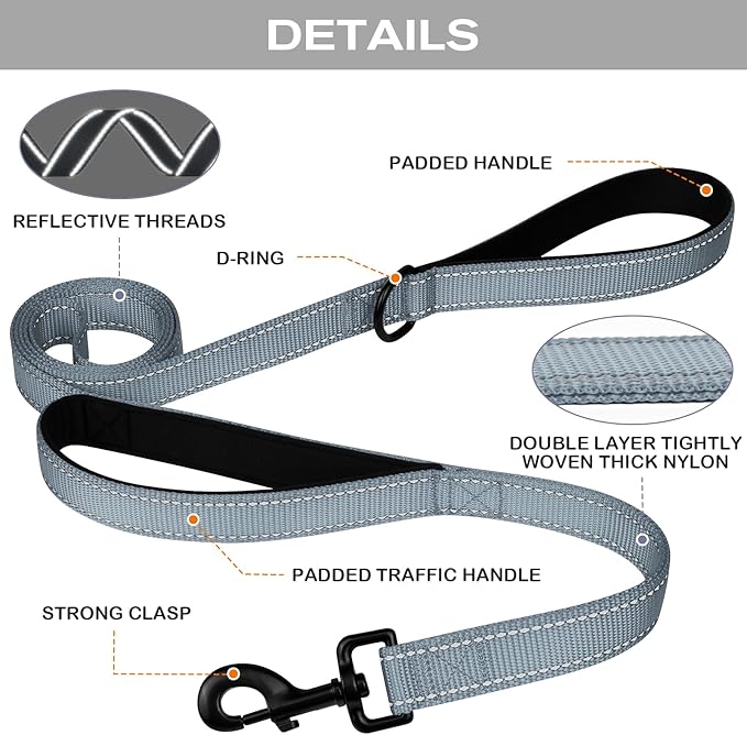 Joytale Dog Leash Heavy Duty for Large Dogs That Pull, Double Handle for Traffic Control, Double-Sided Reflective Leashes for Large Medium Dogs Night Safety, 4FT, Gray