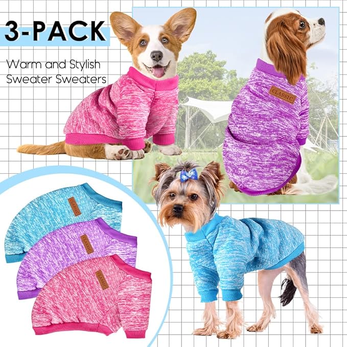 3 Pack Dog Sweaters for Small Dogs Girl Boy Winter Fleece Clothes Warm Soft Dog Sweatshirt Outfit for Dogs Cats Pet Apparel (Rose+Light Blue+Purple, Small)