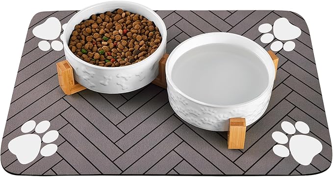 Dog Bowls Set with Wood Stand & Mat Waterproof, 3.5 Cups Ceramic Dog Bowls Elevated for Medium Dogs, Dual Food and Water Bowls with Weighted Non-Slip Base 28.7 OZ
