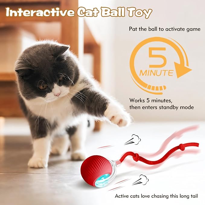 luseyfj Interactive Cat Ball Toys for Indoor Cats, Peppy Pet Ball, 2025 Upgraded Automatic Kitten Toy for Bored Indoor Adult Cat, 360°Smart Rolling Toy (Red)