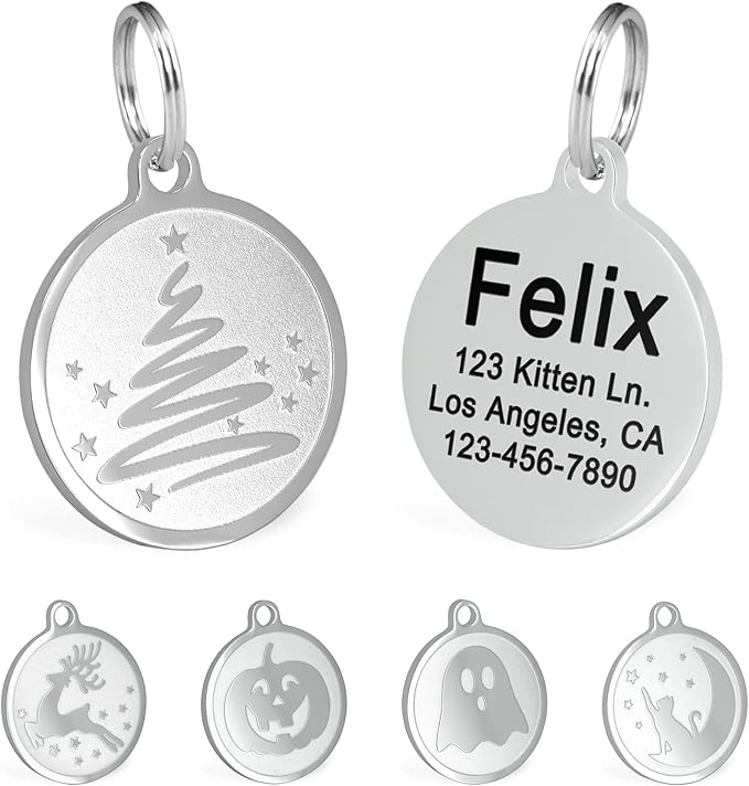 Ultra Joys Engraved Cat Name Tags Personalized - Stainless Steel Name Tag Pet Identification - Small Dog ID Tags Personalized for up to 4 Lines of Text Pet ID Tags for Cat Collar - Christmas Tree