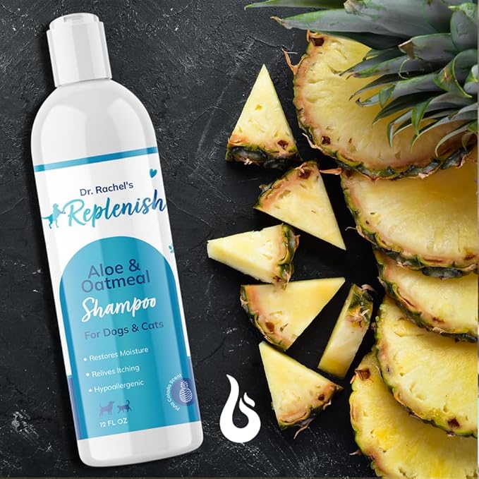 Replenish Aloe and Oatmeal Dog Shampoo - Hypoallergenic Pet Shampoo for Allergies & Sensitive Skin, Medicated Dog Shampoo for Itching Relief & Oatmeal Bath for Dogs Dry Flaky Skin Treatment – 12 Oz