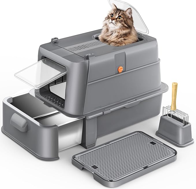 Enclosed Stainless Steel Cat Litter Box with Lid，XL Large Metal Cat Box with Drawer for Big Cats,Top Exit Kitty Litter Box Includes Scoop, Filter Pedal,Odor Control, Easy Cleaning
