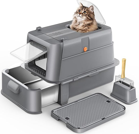 Enclosed Stainless Steel Cat Litter Box with Lid，XL Large Metal Cat Box with Drawer for Big Cats,Top Exit Kitty Litter Box Includes Scoop, Filter Pedal,Odor Control, Easy Cleaning