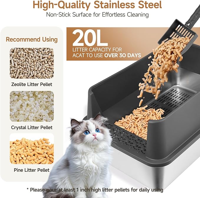 XL Stainless Steel Sifting Cat Litter Box with Lid, Sifting Litter Box for Pine Pellets, Metal Litter Pan with Scoop, Pad, Liners, High Sided Enclosure, Odor Control, Anti-Leakage