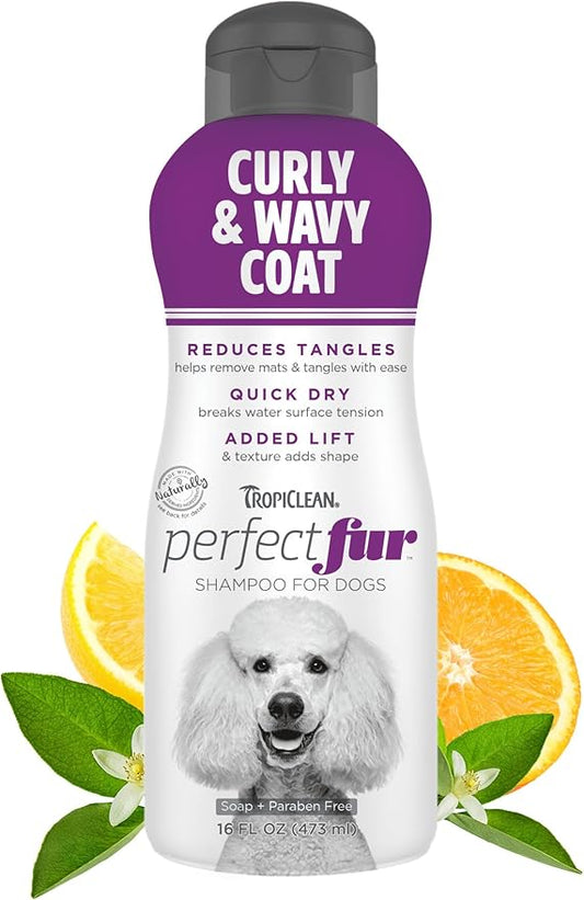TropiClean Perfect Fur Natural Detangling Dog Shampoo for Doodles, Poodles, and Breeds with Curly Wavy Coats, Moisturizing Shampoo, Puppy Safe, 16oz.