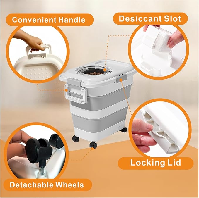 25–28 Lbs Airtight Collapsible Dog Food Storage Container with Wheels & Scoop – Foldable Pet Food Storage Container for Dog & Cat Food, Animal Food Storage, Dog Good Storage Container