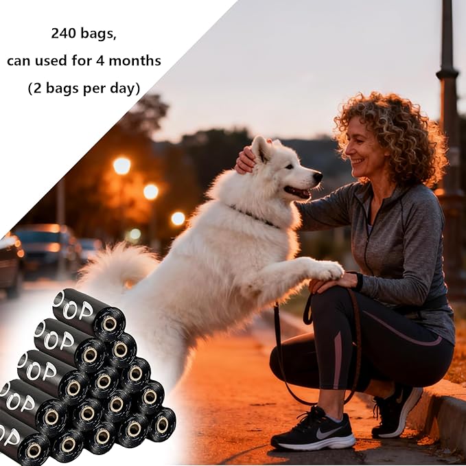 100% plant-based Dog Poop Bags Rolls, ASTM D6400 & EN 13432 Compliant, 240 Poop Bags including dispenser, 13 in × 9 in black poop bags for dogs, Super thick 100% leak proof