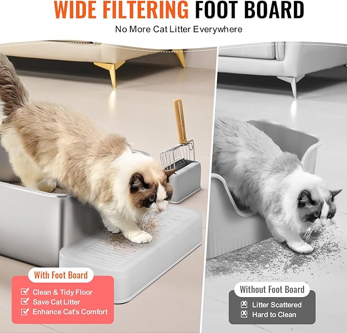 VEVOR 8'' Deep Stainless Steel Cat Litter Box,3 Pack XL Extra Large Metal Cat Litter Box for Big Cats,Non Sticky,Odor-Free &Easy-to-Clean,Include Filtering Foot Board & Scoop