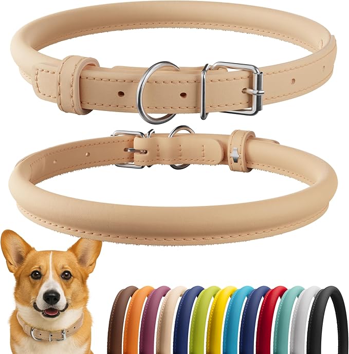 CollarDirect Rolled Leather Dog Collar, Soft Padded Round Puppy Collar, Handmade Genuine Leather Collar Dog Small Large Cat Collars 13 Colors (11-14 Inch, Beige Smooth)