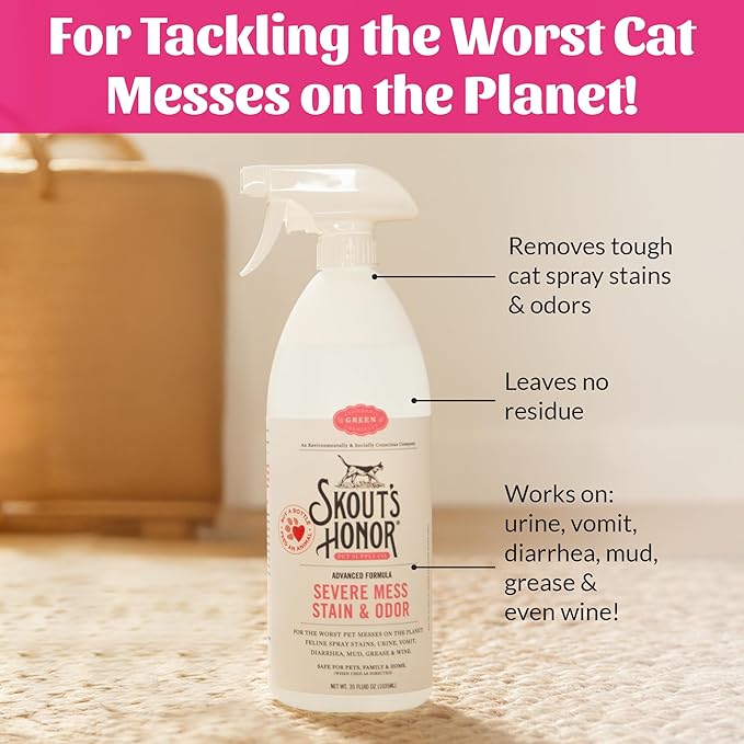 Skout's Honor Cat Severe Mess Stain & Odor Remover - Advanced Formula for Tackling the Worst Cat Messes, Eco-Friendly Formula for Carpets and Home, 35 oz