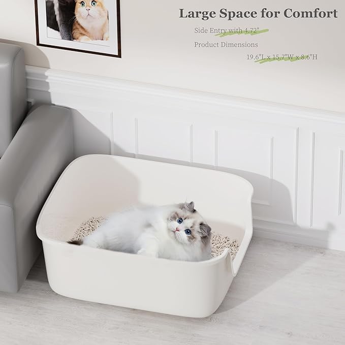 Vealind Large Cat Litter Box High Sided and Side Entry Cat Litter Pan 50 x 40 x 22 CM, Anti-Splashing Deep Tall Cat Boxes for Indoor Cats Basics Kitty Litter Box (White)