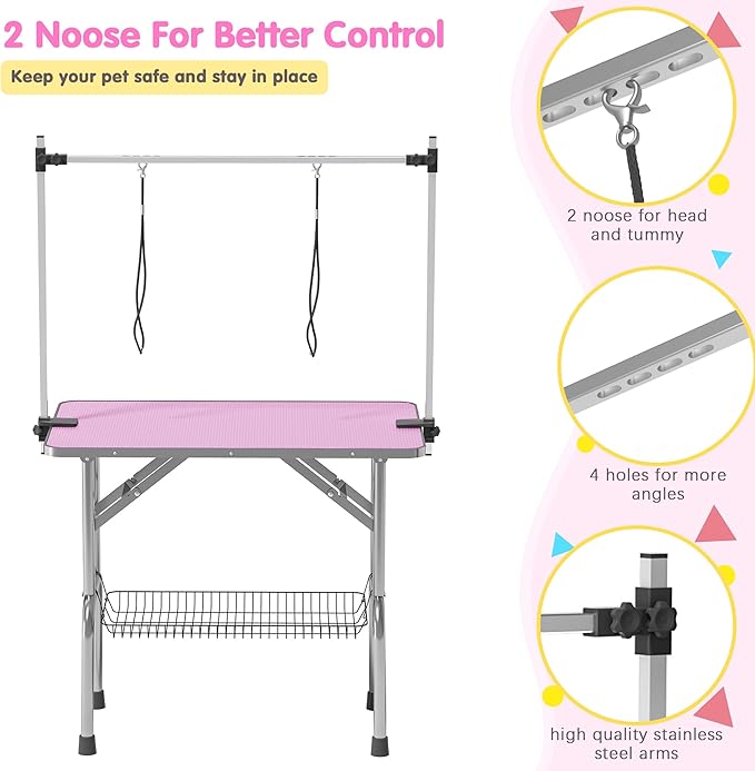 Lyromix Dog Grooming Table, Adjustable Large Pet Drying Desktop, Foldable Bathing Desk with Arms, Noose, Mesh Tray, Maximum Capacity Up to 330Lb