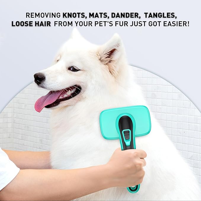 Self Cleaning Slicker Brush for Dogs and Cats - Skin Friendly Shedding & Grooming Tool for Long and Short Haired Pets,Easy Clean Retractable Bristles,Green