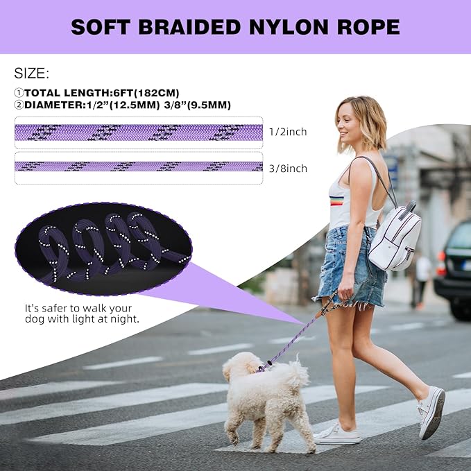 lynxking Slip Lead Dog Leash Reflective, Heavy Duty Comfortable Strong Rope for Large Medium Small Dogs No Pull Pet Training (Light Purple, Large 1/2in x 6ft-Slip Lead)