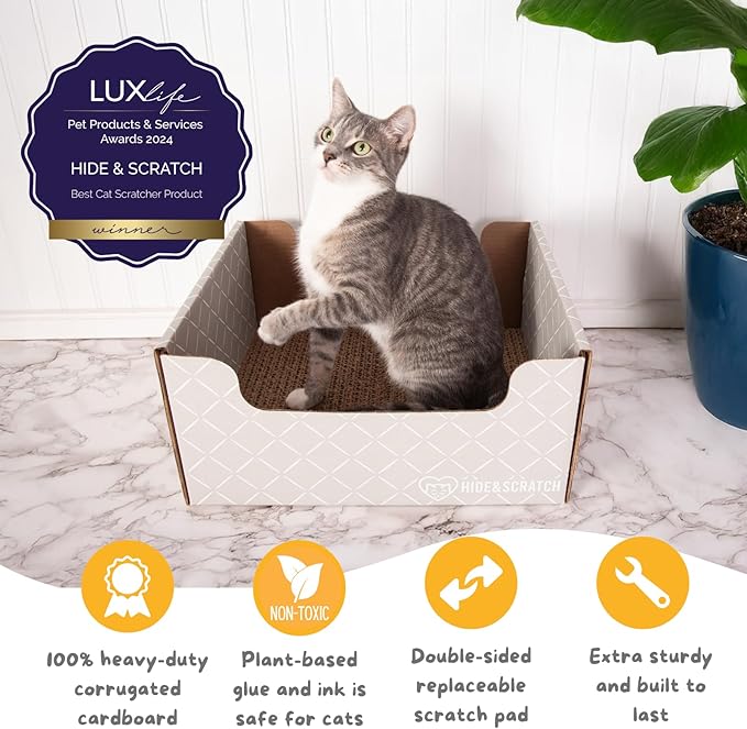 HIDE & SCRATCH Cardboard Cat Scratcher; Cat Scratcher Box and Bed with Refillable Double-Sided Cardboard Scratch Pad for Indoor Cats