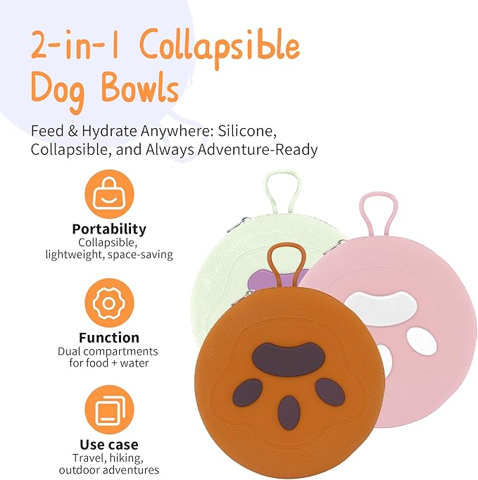 Collapsible Dog Bowls, 2-in-1 Pet Portable Travel Double Bowl Water Food Feeder Traveling Camping & Walking 25oz Brown Pink