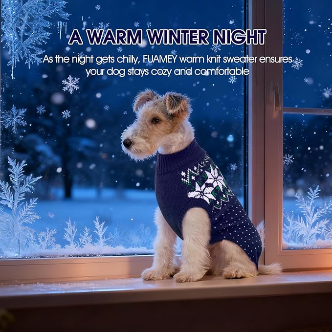 FUAMEY Dog Christamas Sweater, Warm Dog Sweater Classic Snowflake New Year Turtleneck Sweaters Knitwear Cold Weather Dogs Pullover for Small Medium Dogs Puppies & Cats Bulldogs Corgi with Leash Hole